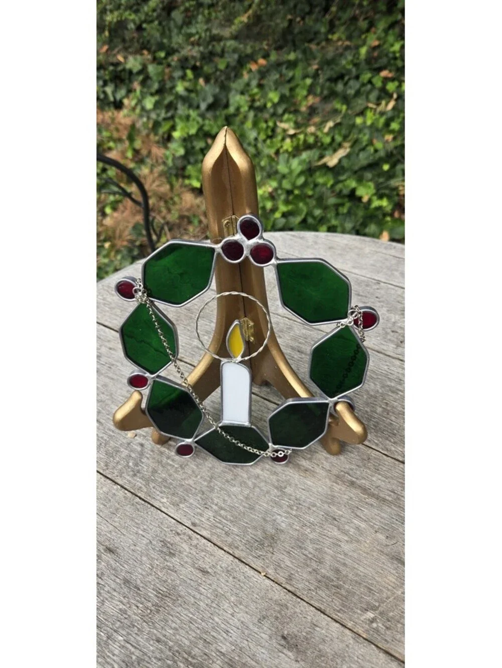 Vintage Stained Leaded Glass Christmas Holly Wreath & Candle Suncatcher 7X7